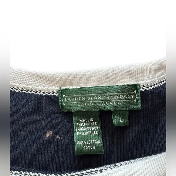Lauren Jeans Co. Ralph Lauren Navy Contrast Ringer Tee Y2K Patch Detail Size L - Picture 5 of 7